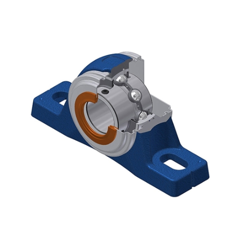 SNR UCPLE201CO Metric Cast Iron Two Bolt Pillow / Plummer Block Housing with 12mm Bore Insert with Narrow Steel Plate Cover - Open Version - Allow 2-3 Days