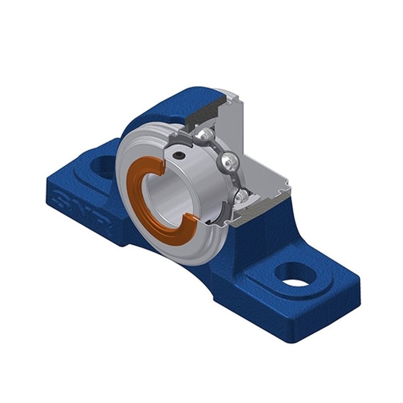 SNR USP207CO Metric Cast Iron Two Bolt Pillow / Plummer Block Housing with 35mm Bore Insert with Narrow Steel Plate Cover - Open Version - Allow 2-3 Days
