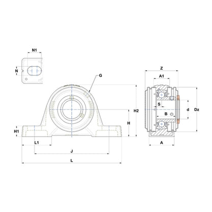 SNR USPE206CO Metric Cast Iron Two Bolt Pillow / Plummer Block Housing with 30mm Bore Insert with Narrow Steel Plate Cover - Open Version - Allow 2-3 Days